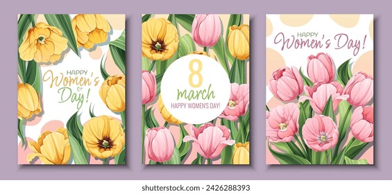 Set of Greeting Cards for International Women's Day. Poster with yellow and pink tulips for March 8th. Vector template with spring bouquet