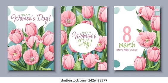 Set of Greeting Cards for International Women's Day. Poster with pink tulips for March 8th. Vector template with spring bouquet