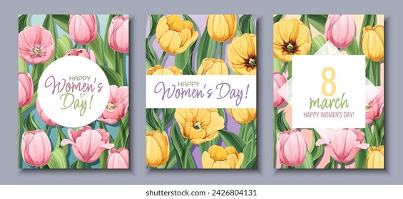 Set of Greeting Cards for International Women's Day. Poster with yellow and pink tulips for March 8th. Vector template with spring bouquet