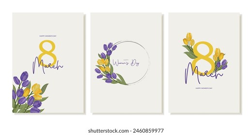 Set of greeting cards for International Women's Day, March 8 with yellow and purple watercolor tulips. Vector template