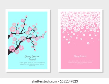Set of greeting cards and invitation card with cherry blossom. Vector Illustration.