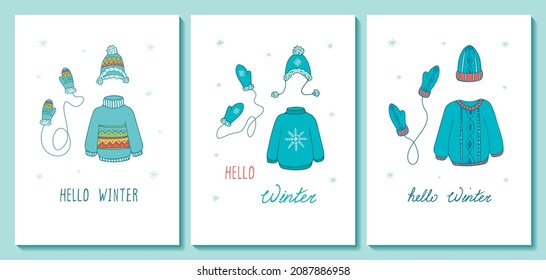 Set of greeting cards and invitation template. Hello winter. Hand-drawn warm clothing and text. Can be used for scrapbook, banner, postcard, print, etc.