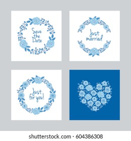 Set of greeting cards for invitation, wedding, party, birthday. Wreaths and heart of blue flowers and leaves. Hand drawn floral elements. Vector.