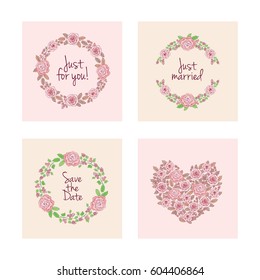 Set of greeting cards for invitation, wedding, party, Valentine's Day, birthday. Wreaths and heart of hand drawn flowers and leaves. Vector.