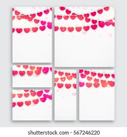 Set of Greeting cards, Invitations, Banners or Post with colorful Hearts decoration for Happy Valentine's Day Celebration.