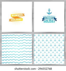 Set of greeting cards, invitations, template design. Summer holidays with an anchor logo and ribbon. The pattern of anchors and waves. Vector.