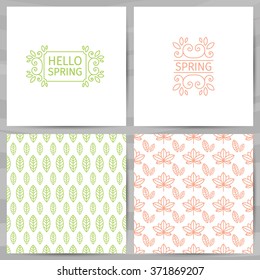 Set of greeting cards, invitations, template design. Hello Spring logo with swirl, flower, plant. The simple pattern of leaf and plant. Vector. 