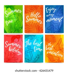 Set of greeting cards, invitations, web banners Hello summer. Summer card for better holiday. Cards with watercolor texture. Bright summer postcards.