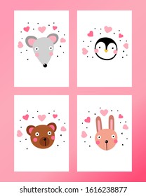 Set of greeting cards with kawaii animals in love. Cute rabbit, mouse, penguin, bear with big eyes and hearts on white background. Vector surprised characters stickers, childrens prints. Copy space