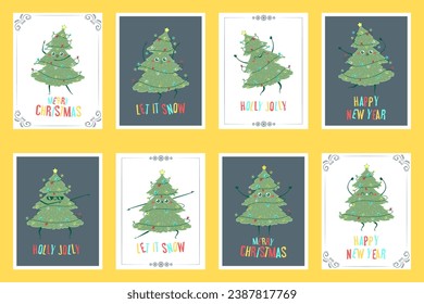 Set of greeting cards Kawaii doodle Christmas tree dancing. Children's handmade naive style. Simple New Year character isolated on white background. Happy spruce concept.
