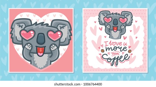 Set of Greeting cards with Koala bear character madly in love with heart eyes on romantic background. Hand drawn vector illustrations in cartoon style