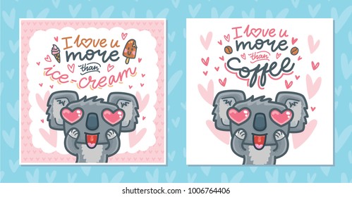 Set of Greeting cards with Koala bear character madly in love with heart eyes on romantic background. Hand drawn vector illustrations in cartoon style