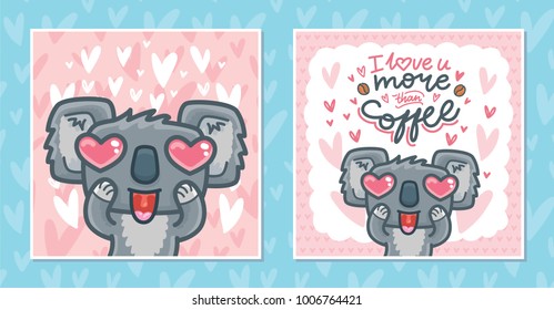 Set of Greeting cards with Koala bear character madly in love with heart eyes on romantic background. Hand drawn vector illustrations in cartoon style