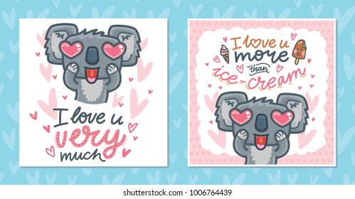 Set of Greeting cards with Koala bear character madly in love with heart eyes on romantic background. Hand drawn vector illustrations in cartoon style
