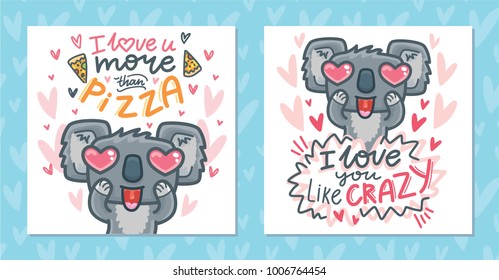 Set of Greeting cards with Koala bear character madly in love with heart eyes on romantic background. Hand drawn vector illustrations in cartoon style