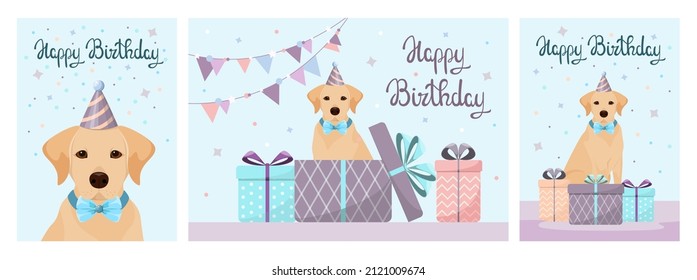 Eine Reihe von Grußkarten mit einem Labrador Hund. Alles Gute zum Geburtstag! Cartoon-Design.
