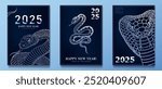 Set of greeting cards with linear hand drawn silver Asian Snake as a symbol of 2025 New Year. Snake as Chinese horoscope sign on dark blue background. Minimalist A4 posters for Christmas holidays