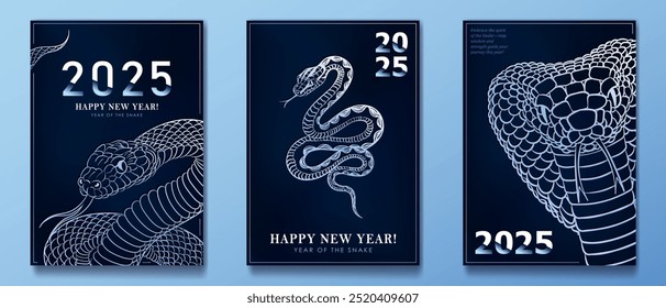 Conjunto de tarjetas de felicitación con la serpiente asiática plateada dibujada a mano lineal como símbolo del año Nuevo 2025. Serpiente como signo del horóscopo chino sobre fondo azul oscuro. Carteles minimalistas A4 para vacaciones de Navidad