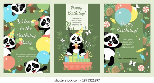 Set of greeting cards with little cute pandas. Happy Birthday. Template for postcard, flyer, banner.