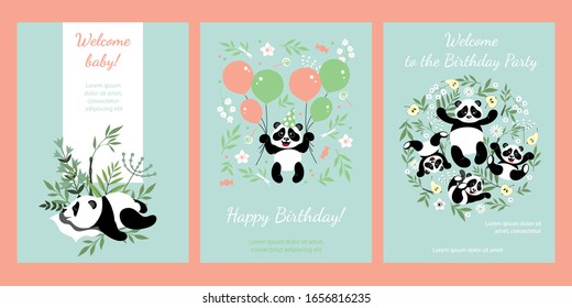 Set of greeting cards with little pandas. Birthday. Illustration for children. Set of design elements for cards, flyers, banners.