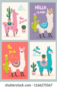 Set of greeting cards with llama. Stylized cartoon llama with ornament design and cactus. Vector poster.