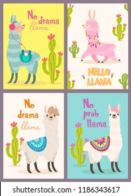 Set of greeting cards with llama. Stylized cartoon llama with ornament design and cactus. Vector poster.
