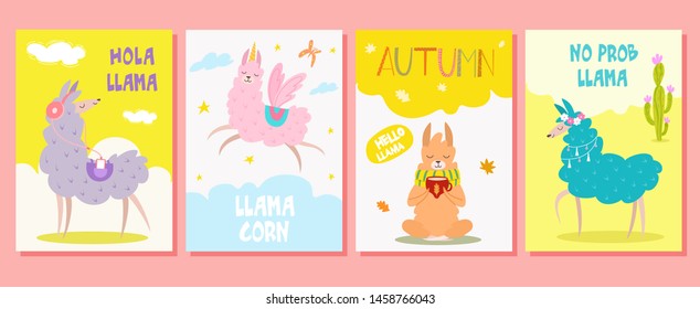 Set of greeting cards with llama. Vector illustration. Beautiful template. Can be used for banner, poster, card, postcard and print.