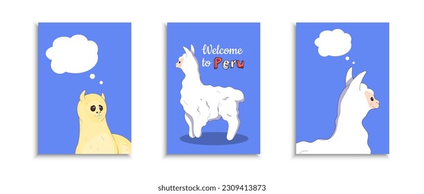 Set of Greeting Cards with Llamas with Speech Bubbles on a Blue Background