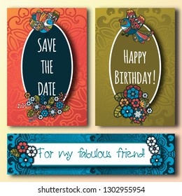 A set of greeting cards. Located on the mandala pattern. Decorated with fun birds and bouquets of flowers