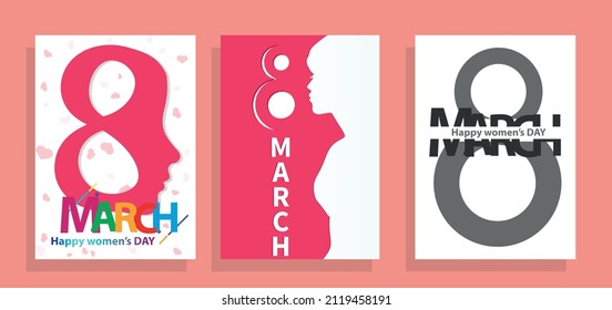 Un conjunto de tarjetas de felicitación del 8 de marzo. Día Mundial de la Mujer