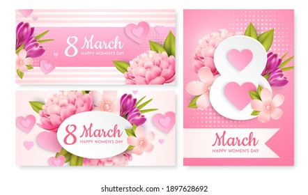 Set of greeting cards for March 8th(International Women's Day). 