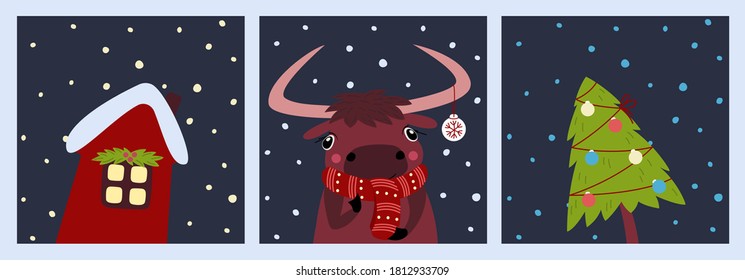 Set of greeting cards. Merry Christmas and Happy New Year! Cute bull symbol of 2021, Christmas pine tree and a house under the snow.