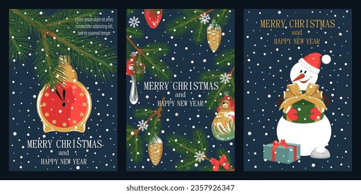 Set of greeting cards Merry Christmas and Happy New Year. Design elements for postcards, posters, banners.