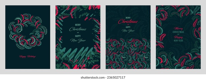 Set greeting cards Merry Christmas, Happy New Year with vector hand drawn floral background. Winter Holidays template with copy space. Trendy retro style.  Illustration of printing, instagram poster