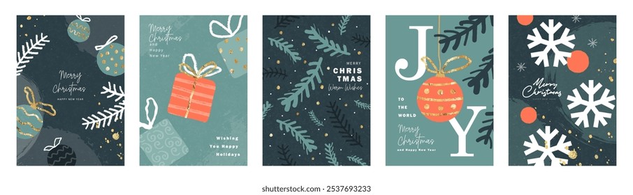 Set of greeting cards Merry Christmas and Happy New Year. Modern trendy design with illustrations of Christmas tree balls, sprigs of spruce, gift boxes, snowflakes and gold sprinkles. Xmas design