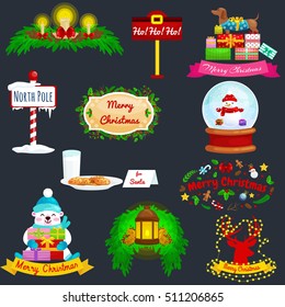 Set of greeting cards Merry Christmas and a Happy New Year with a lantern, the lights in reindeer antlers, candy from a snowman and other pets with gifts such as bear and dog