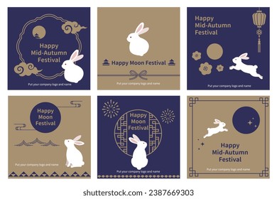 Set of greeting cards for Mid-Autumn Festival. Moon, white rabbit and traditional auspicious patterns on gold and dark blue. Square size is perfect for social media post.