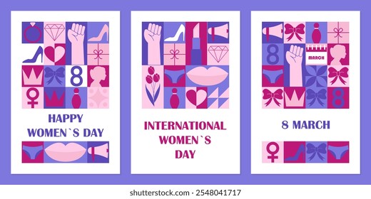 Set of greeting cards with modern geometric print for Womens Day. Vector illustration