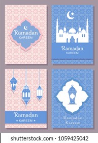 Set of greeting cards with mosque, ancient Arabic lamps, decorative frame and arabesque.