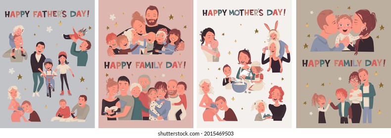 A set of greeting cards: for mother's day, for father's day, and for family's day. Happy big family, parents and children. Cartoon illustration, vector.