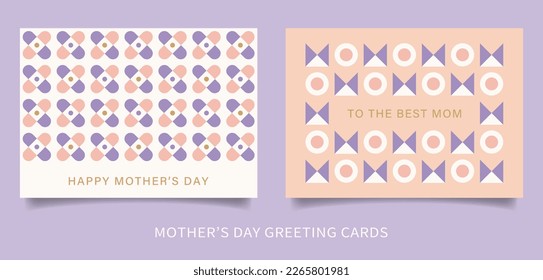 Set of greeting cards for Mother's Day. Horizontal card designs for Mother's day with geometric MOM and floral pattern in pastel pink and purple colors.