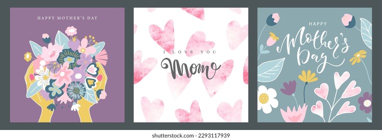 Set of greeting cards for Mother's Day with beautiful flowers and watercolor hearts.Vector illustration