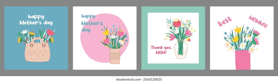 Set of greeting cards for Mother's Day with beautiful blooming flowers, bouquets. Vector illustration with inscriptions