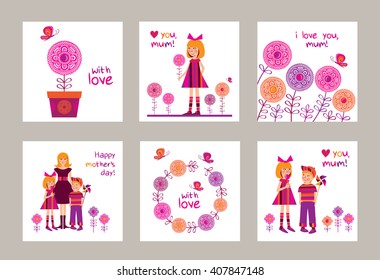 Set of greeting cards for Mother's Day, birthday with little girl and boy. Spring decorative flowers with butterfly. Doodles, sketch for your design. Vector illustration.
