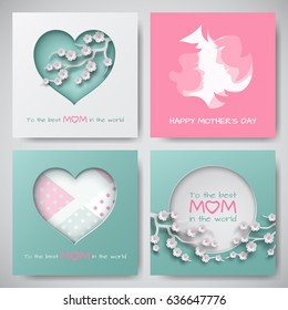 Set of greeting cards for mothers day. Women and baby silhouettes, congratulation text, cuted circle and heart decorated cherry flowers and dotted background, paper cut style. Vector illustration