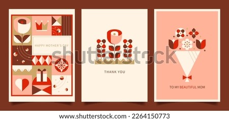 Set of greeting cards for Mother's Day. Mother's day card designs with geometric flowers, heart, crown, gift, and abstract shapes.