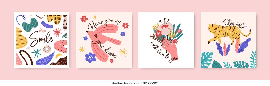 Conjunto de tarjetas de felicitación con frases motivacionales y elementos vectoriales ilustración plana. Colección de postales decoradas con cita manuscrita y animal, brazo femenino con flor, pájaro