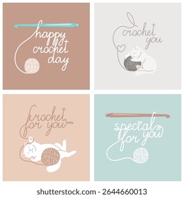 Set of greeting cards for needlewoman with kitty, crochet hook and ball of yarn. Concept crocheting vector illustration original artwork