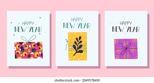 Set of greeting cards. New Year gifts. Vector illustration.