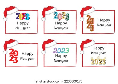 Set of greeting cards for the new year 2023. 2023 new year design in full color. red christmas santa hat icon